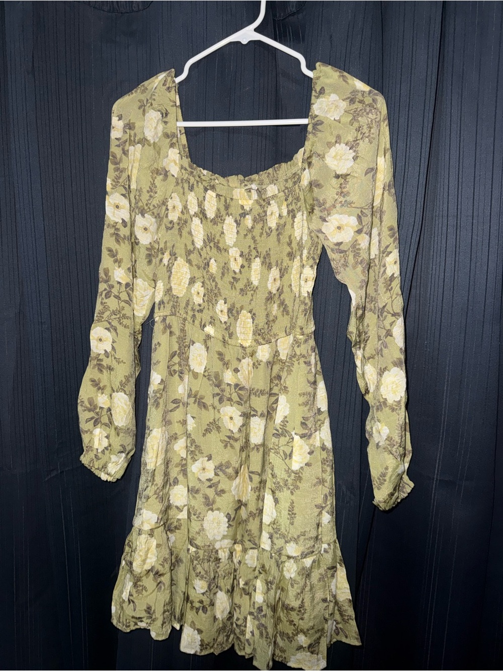 Smocked Long-Sleeve Floral Midi Dress in Olive Green